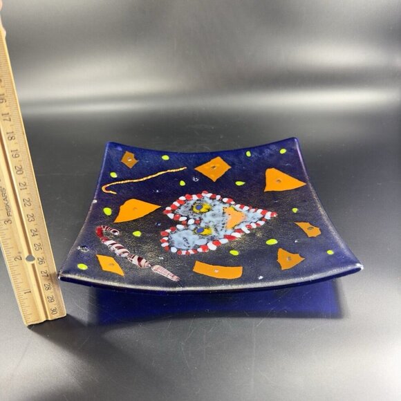 Hand Made Dichroic Fused Art Glass Square Dish Plate Christmas Decorated Vintage - Picture 5 of 15